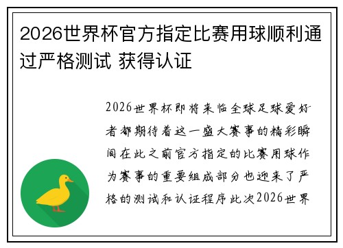 2026世界杯官方指定比赛用球顺利通过严格测试 获得认证